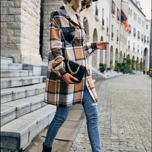 Cozy Plaid Print Button Up Oversized LIGHT Jacket Shacket Top - Picture 6 of 7